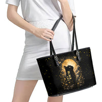 Black Cat Celestial Moon Leather Tote Bag Mystical Gold Floral Night Sky