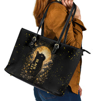 Black Cat Celestial Moon Leather Tote Bag Mystical Gold Floral Night Sky