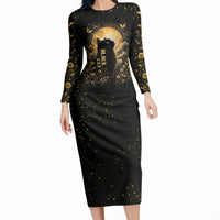 Black Cat Celestial Moon Long Sleeve Bodycon Dress Mystical Gold Floral Night Sky