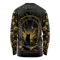 Black Cat Celestial Moon Long Sleeve Shirt Mystical Gold Floral Night Sky