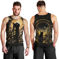 Black Cat Celestial Moon Men Tank Top Mystical Gold Floral Night Sky