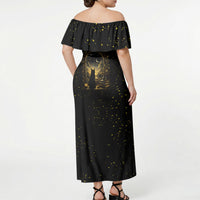 Black Cat Celestial Moon Off Shoulder Maxi Dress Mystical Gold Floral Night Sky