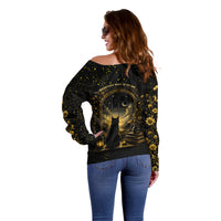 Black Cat Celestial Moon Off Shoulder Sweater Mystical Gold Floral Night Sky