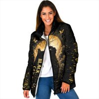 Black Cat Celestial Moon Padded Jacket Mystical Gold Floral Night Sky
