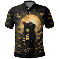 Black Cat Celestial Moon Polo Shirt Mystical Gold Floral Night Sky