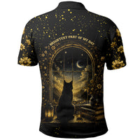 Black Cat Celestial Moon Polo Shirt Mystical Gold Floral Night Sky