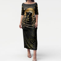 Black Cat Celestial Moon Puletasi Mystical Gold Floral Night Sky