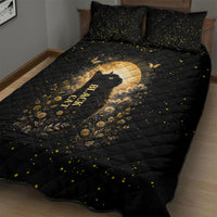 Black Cat Celestial Moon Quilt Bed Set Mystical Gold Floral Night Sky