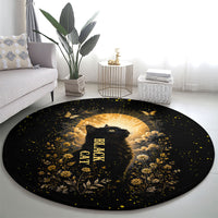 Black Cat Celestial Moon Round Carpet Mystical Gold Floral Night Sky