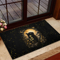 Black Cat Celestial Moon Rubber Doormat Mystical Gold Floral Night Sky