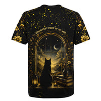 Black Cat Celestial Moon Rugby Jersey Mystical Gold Floral Night Sky