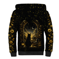 Black Cat Celestial Moon Sherpa Hoodie Mystical Gold Floral Night Sky