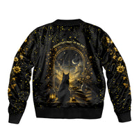 Black Cat Celestial Moon Sleeve Zip Bomber Jacket Mystical Gold Floral Night Sky