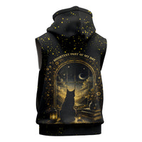 Black Cat Celestial Moon Sleeveless Hoodie Mystical Gold Floral Night Sky