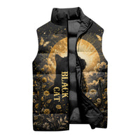 Black Cat Celestial Moon Sleeveless Puffer Jacket Mystical Gold Floral Night Sky