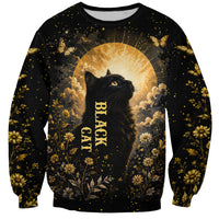 Black Cat Celestial Moon Sweatshirt Mystical Gold Floral Night Sky