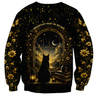 Black Cat Celestial Moon Sweatshirt Mystical Gold Floral Night Sky