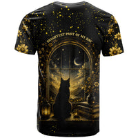 Black Cat Celestial Moon T Shirt Mystical Gold Floral Night Sky