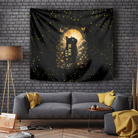 Black Cat Celestial Moon Tapestry Mystical Gold Floral Night Sky