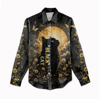 Black Cat Celestial Moon Women Casual Shirt Mystical Gold Floral Night Sky