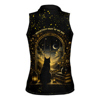 Black Cat Celestial Moon Women Sleeveless Polo Shirt Mystical Gold Floral Night Sky