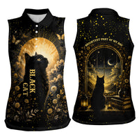 Black Cat Celestial Moon Women Sleeveless Polo Shirt Mystical Gold Floral Night Sky