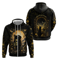 Black Cat Celestial Moon Zip Hoodie Mystical Gold Floral Night Sky