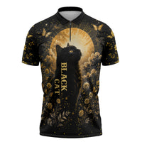 Black Cat Celestial Moon Zipper Polo Shirt Mystical Gold Floral Night Sky