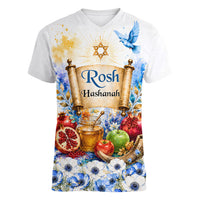Rosh Hashanah Jewish New Year Women V-Neck T-Shirt Watercolor Floral Apples Honey - Shofar Jewish Holiday