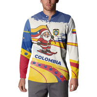 Colombia Christmas Button Sweatshirt with Santa Skiing Colombian Flag and Holiday Ornament - Wonder Print Shop