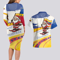 Colombia Christmas Couples Matching Long Sleeve Bodycon Dress and Hawaiian Shirt with Santa Skiing Colombian Flag and Holiday Ornament - Wonder Print Shop