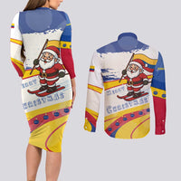 Colombia Christmas Couples Matching Long Sleeve Bodycon Dress and Long Sleeve Button Shirt with Santa Skiing Colombian Flag and Holiday Ornament - Wonder Print Shop