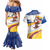 Colombia Christmas Couples Matching Mermaid Dress and Hawaiian Shirt with Santa Skiing Colombian Flag and Holiday Ornament - Wonder Print Shop