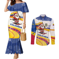 Colombia Christmas Couples Matching Mermaid Dress and Long Sleeve Button Shirt with Santa Skiing Colombian Flag and Holiday Ornament - Wonder Print Shop