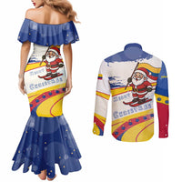 Colombia Christmas Couples Matching Mermaid Dress and Long Sleeve Button Shirt with Santa Skiing Colombian Flag and Holiday Ornament - Wonder Print Shop