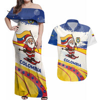 Colombia Christmas Couples Matching Off Shoulder Maxi Dress and Hawaiian Shirt with Santa Skiing Colombian Flag and Holiday Ornament - Wonder Print Shop