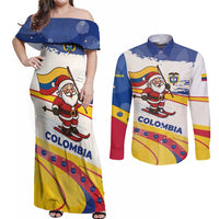 Colombia Christmas Couples Matching Off Shoulder Maxi Dress and Long Sleeve Button Shirt with Santa Skiing Colombian Flag and Holiday Ornament - Wonder Print Shop