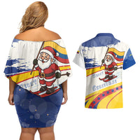 Colombia Christmas Couples Matching Off Shoulder Short Dress and Hawaiian Shirt with Santa Skiing Colombian Flag and Holiday Ornament - Wonder Print Shop