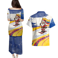 Colombia Christmas Couples Matching Puletasi and Hawaiian Shirt with Santa Skiing Colombian Flag and Holiday Ornament - Wonder Print Shop