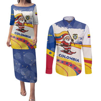 Colombia Christmas Couples Matching Puletasi and Long Sleeve Button Shirt with Santa Skiing Colombian Flag and Holiday Ornament - Wonder Print Shop