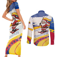 Colombia Christmas Couples Matching Short Sleeve Bodycon Dress and Long Sleeve Button Shirt with Santa Skiing Colombian Flag and Holiday Ornament - Wonder Print Shop
