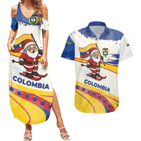 Colombia Christmas Couples Matching Summer Maxi Dress and Hawaiian Shirt with Santa Skiing Colombian Flag and Holiday Ornament - Wonder Print Shop