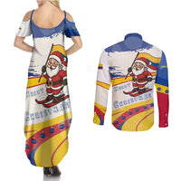 Colombia Christmas Couples Matching Summer Maxi Dress and Long Sleeve Button Shirt with Santa Skiing Colombian Flag and Holiday Ornament - Wonder Print Shop