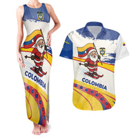 Colombia Christmas Couples Matching Tank Maxi Dress and Hawaiian Shirt with Santa Skiing Colombian Flag and Holiday Ornament - Wonder Print Shop