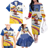 Colombia Christmas Family Matching Off The Shoulder Long Sleeve Dress and Hawaiian Shirt with Santa Skiing Colombian Flag and Holiday Ornament - Wonder Print Shop