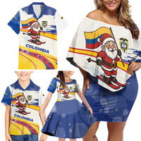Colombia Christmas Family Matching Off Shoulder Short Dress and Hawaiian Shirt with Santa Skiing Colombian Flag and Holiday Ornament - Wonder Print Shop