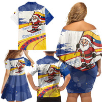 Colombia Christmas Family Matching Off Shoulder Short Dress and Hawaiian Shirt with Santa Skiing Colombian Flag and Holiday Ornament - Wonder Print Shop