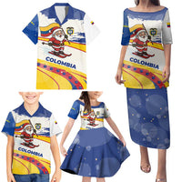 Colombia Christmas Family Matching Puletasi and Hawaiian Shirt with Santa Skiing Colombian Flag and Holiday Ornament - Wonder Print Shop