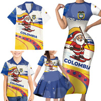 Colombia Christmas Family Matching Short Sleeve Bodycon Dress and Hawaiian Shirt with Santa Skiing Colombian Flag and Holiday Ornament - Wonder Print Shop