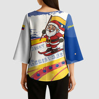 Colombia Christmas Kimono Sleeve Blouse with Santa Skiing Colombian Flag and Holiday Ornament - Wonder Print Shop